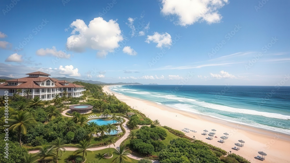 Fototapeta premium A luxurious ocean front resort with lush landscaping situated along a pristine beach, relaxation, travel
