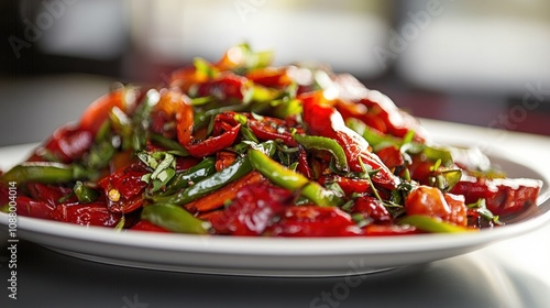 A white platter filled with a large portion of stir-fried red and green peppers.