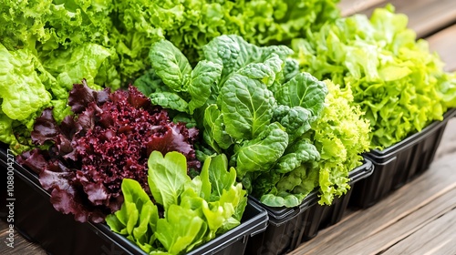 Fresh assortment of various lettuce types in plastic containers, ready for sale or use.