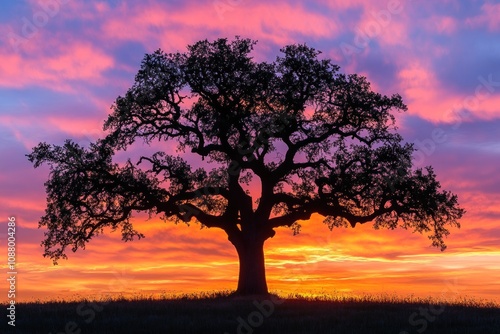 A lone oak tree stands silhouetted against a vibrant sunset sky, showcasing the beauty of nature's artistry.