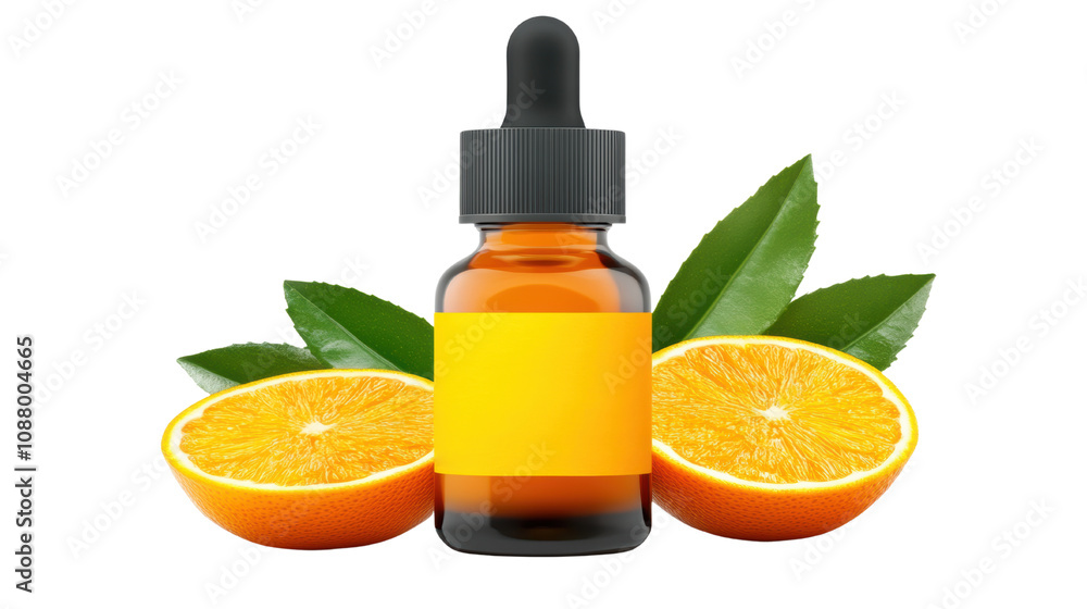 A glass dropper bottle filled with orange liquid, accompanied by halved oranges and green leaves. A glass dropper bottle filled with orange liquid, accompanied by halved oranges and green leaves.