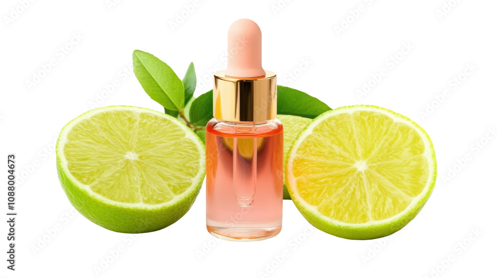 A vivid serum bottle placed between two halved limes, showcasing a refreshing, citrusy theme. A vivid serum bottle placed between two halved limes, showcasing a refreshing, citrusy theme.