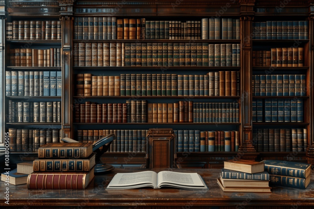 Old Law Library with Leather-Bound Books and Legal References Old Law Library with Leather-Bound Books and Legal References