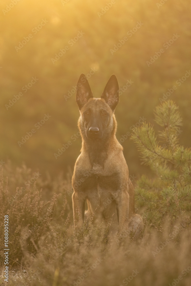 A female belgian malinois dog on a meadow in autumn outdoors A female belgian malinois dog on a meadow in autumn outdoors