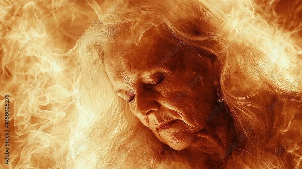 Obraz premium Ethereal Portrait of a Serene Elderly Woman Surrounded by Fiery Flames Capturing the Essence of Life, Resilience, and Inner Peace Through Dramatic Imagery
