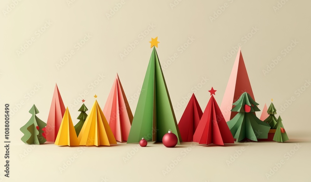 Festive Geometric Christmas Design with Paper Cutouts in Pastel Colors on Cream Background Festive Geometric Christmas Design with Paper Cutouts in Pastel Colors on Cream Background
