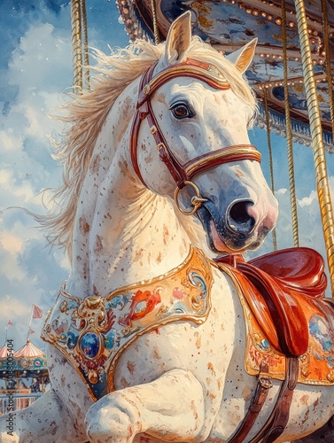 A close-up of a white horse carousel figure with brown spots, adorned with a red saddle, ornate harness, and a flowing mane, set against a blue sky. photo