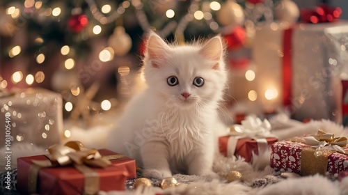 A fluffy white kitten sits among festive gifts, surrounded by twinkling lights and holiday decorations.