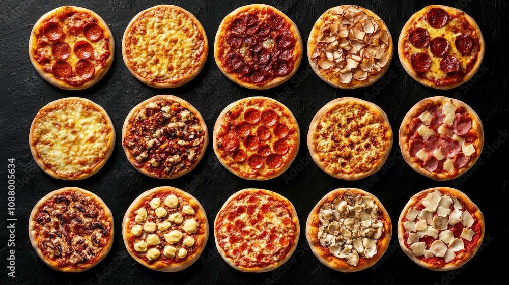 A Colorful Array of Mini Pizzas Featuring Various Toppings Including Pepperoni, Cheese, Vegetables, and More on a Dark Slate Background Perfect for Food Lovers and Events A Colorful Array of Mini Pizzas Featuring Various Toppings Including Pepperoni, Cheese, Vegetables, and More on a Dark Slate Background Perfect for Food Lovers and Events