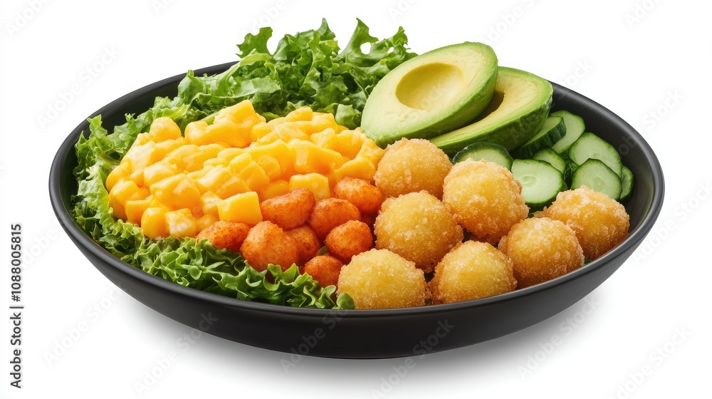Fresh and Vibrant Salad Bowl Featuring Crispy Snacks, Sliced Avocado, Cheddar Cheese, and Juicy Cucumbers for a Healthy and Delicious Meal Option Fresh and Vibrant Salad Bowl Featuring Crispy Snacks, Sliced Avocado, Cheddar Cheese, and Juicy Cucumbers for a Healthy and Delicious Meal Option