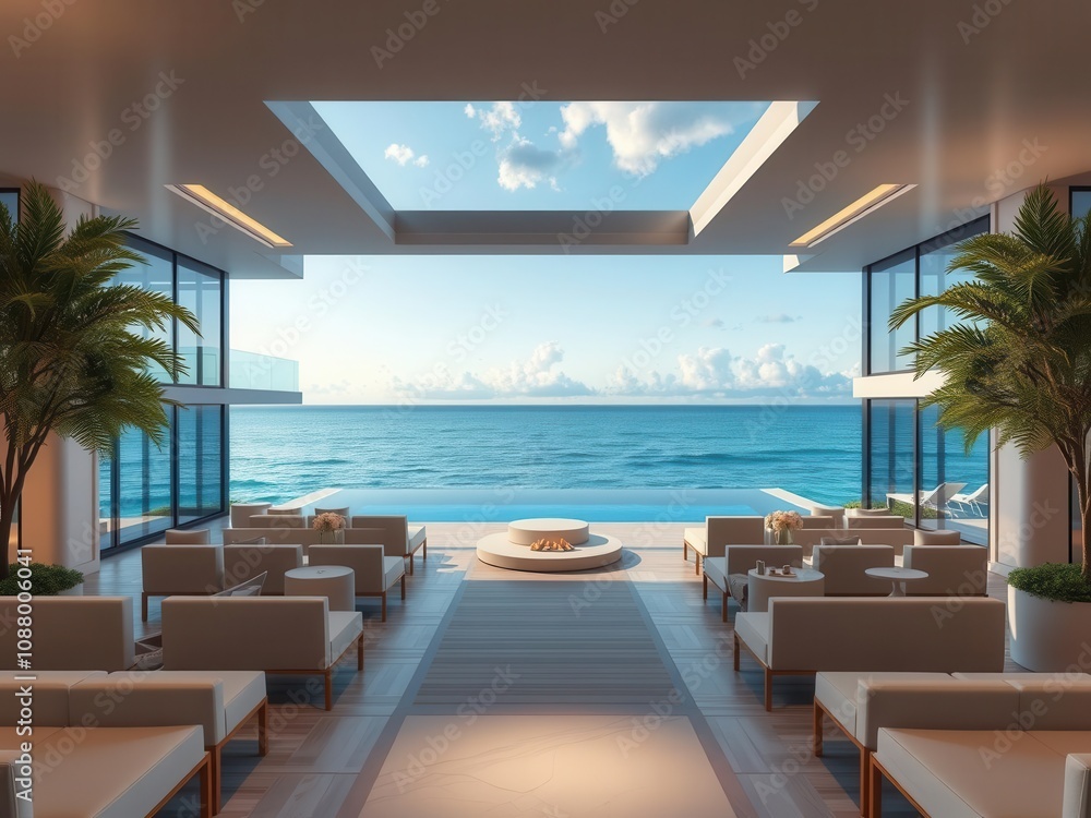 Fototapeta premium A stunning modern oceanfront property with sleek architecture and high investment potential, development, architecture