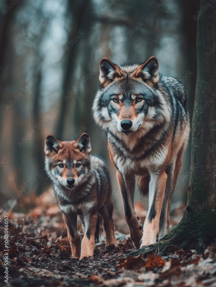 Obraz premium Mother and Cub Wolf in Forest