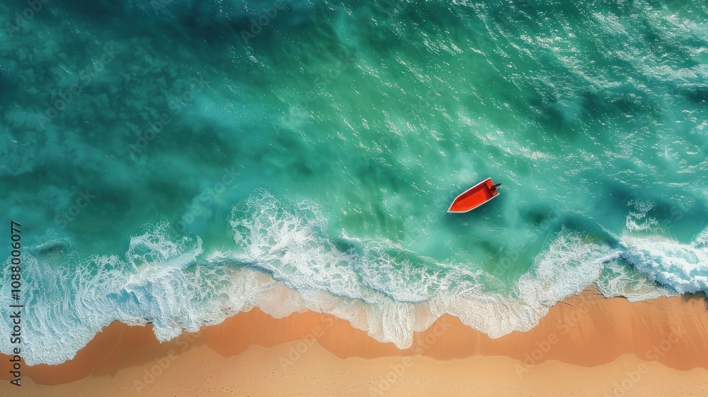 Fototapeta premium Aerial View of a Red Boat on Turquoise Water