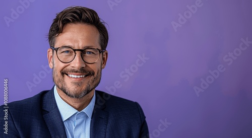 Confident Businessman Smiling in Glasses and Suit Against Purple Background