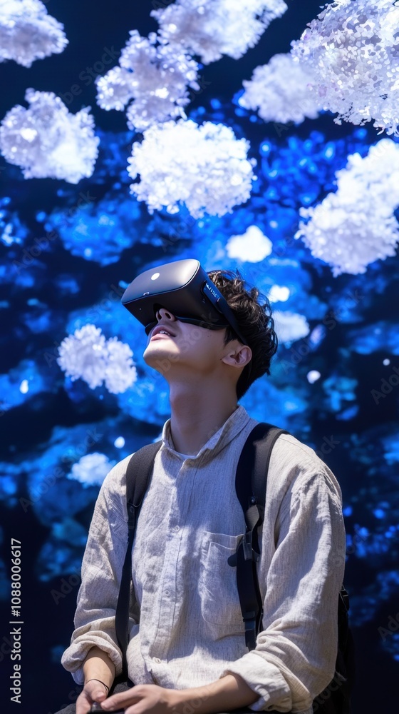 Young man experiencing virtual reality surrounded by clouds and blue lights, exploring new digital worlds in a captivating immersive environment Young man experiencing virtual reality surrounded by clouds and blue lights, exploring new digital worlds in a captivating immersive environment