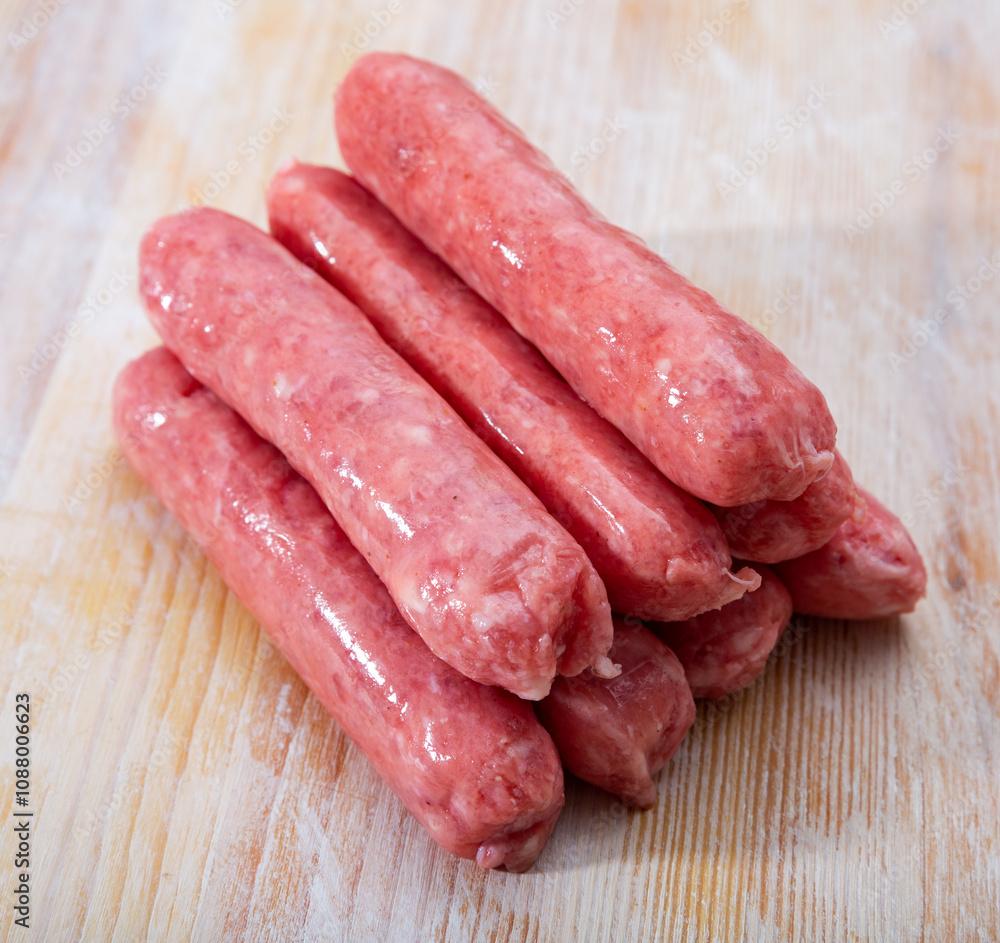 Uncooked sausages on wooden table Uncooked sausages on wooden table