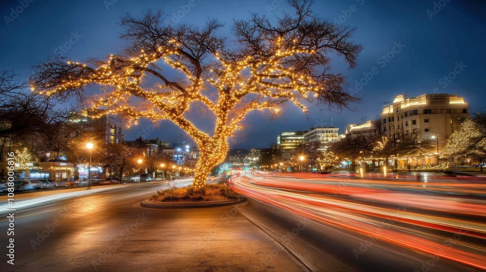 Fototapeta premium Softly Glowing City Tree Wrapped in Lights at Evening