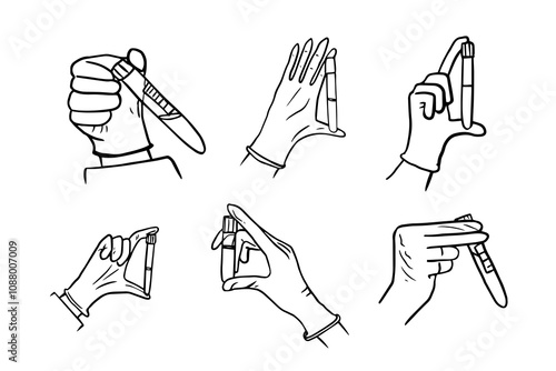 Set of healthcare and medicine vector illustration. Hand with test tube, take tests, blood sample, medicine, medical, doctor, tests, test results. Vector illustrations EPS 10 in doodle style.