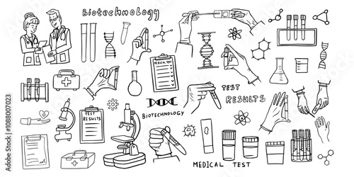Set of healthcare and medicine vector illustration. Hand with test tube, take tests, blood sample, medicine, medical, doctor, tests, test results. Doodle style