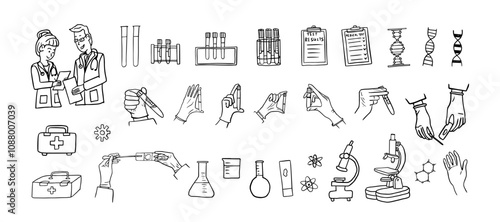 Set of healthcare and medicine vector illustration. Hand with test tube, take tests, blood sample, medicine, medical, doctor, tests, test results. Vector illustrations EPS 10 in doodle style.