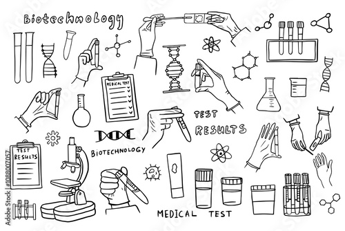 Set of healthcare and medicine vector illustration. Hand with test tube, take tests, blood sample, medicine, medical, doctor, tests, test results. Vector illustrations EPS 10 in doodle style.