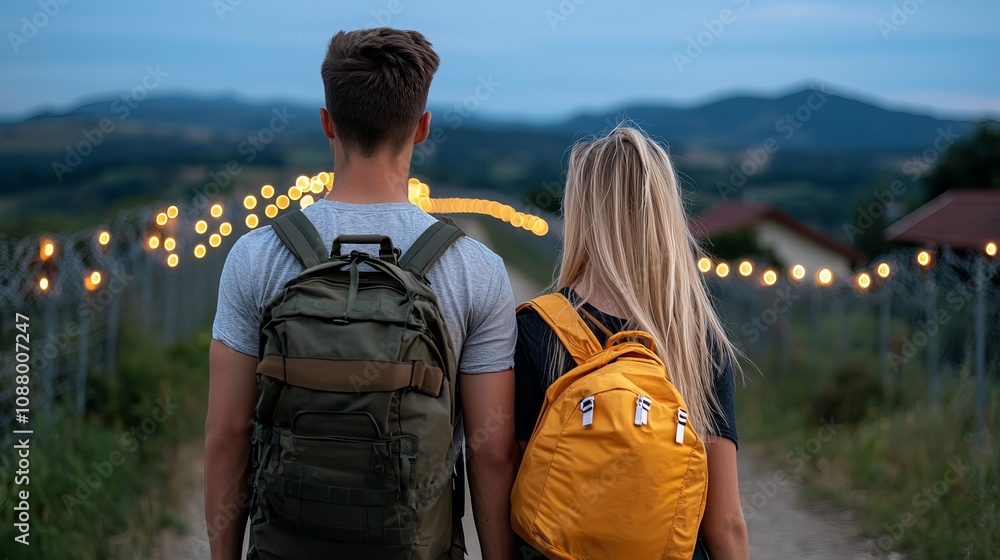Two young adults, a man and a woman, stand side by side, backpacks on, gazing at a lit pathway in the evening.