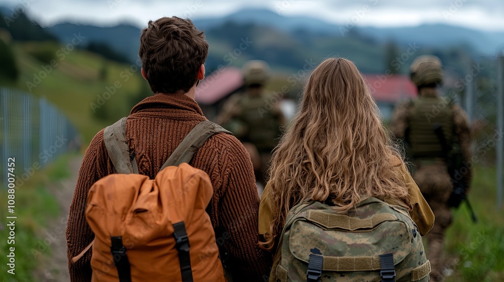 A man and woman with backpacks walk towards military personnel in a scenic mountainous area. A man and woman with backpacks walk towards military personnel in a scenic mountainous area.