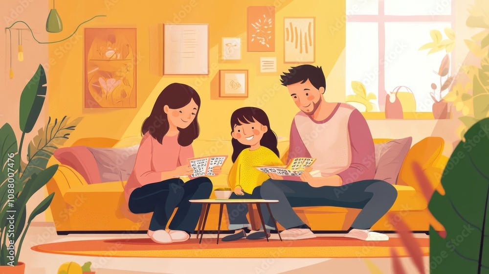 A happy family of three sits on a yellow couch in their living room, looking at something in their hands. A happy family of three sits on a yellow couch in their living room, looking at something in their hands.