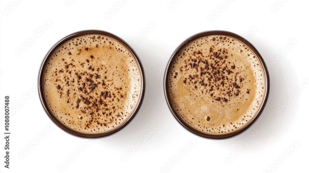 Two cups of coffee with foam and sprinkles on top, viewed from above. Two cups of coffee with foam and sprinkles on top, viewed from above.