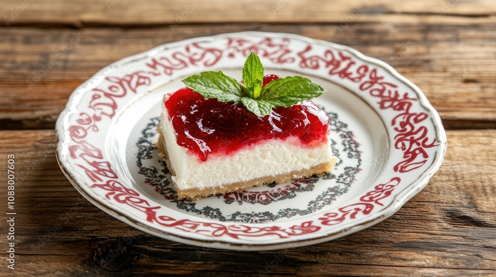 Delicious Creamy Cheesecake Slice with Red Jelly Topping on Ornate Decorative Plate Surrounded by Wooden Table Setting and Fresh Mint Garnish Delicious Creamy Cheesecake Slice with Red Jelly Topping on Ornate Decorative Plate Surrounded by Wooden Table Setting and Fresh Mint Garnish