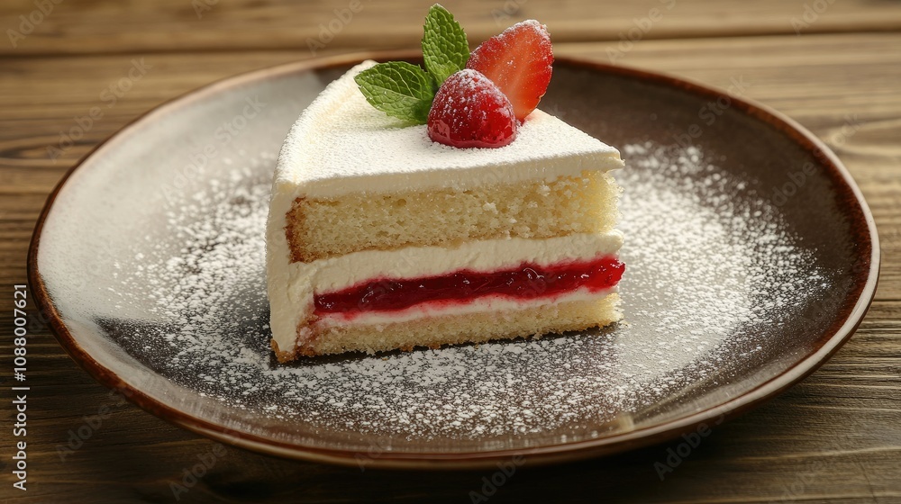 Delicious Slice of Creamy Strawberry Cake with Fresh Berries and Mint Leaves on a Rustic Wooden Table with Soft Lighting Delicious Slice of Creamy Strawberry Cake with Fresh Berries and Mint Leaves on a Rustic Wooden Table with Soft Lighting