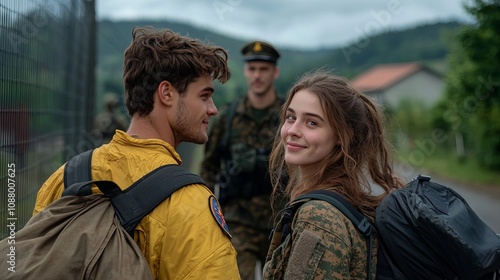 A young couple smiles at the camera while a soldier stands in the background, enjoying a peaceful moment outdoors.