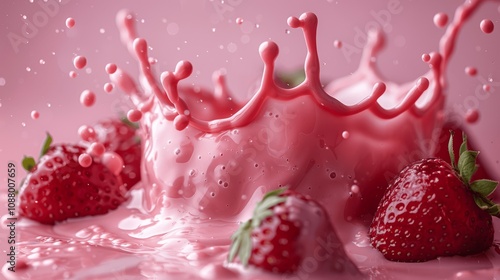 Strawberry Milk Splash with Fresh Strawberries on White Background, 3D Rendering