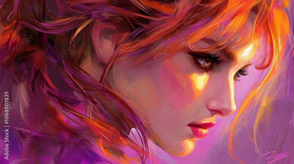 Stunning Portrait of a Young Woman with Fiery Red Hair and Expressive Features Against a Vibrant Purple Background, Capturing Emotions Through Art Stunning Portrait of a Young Woman with Fiery Red Hair and Expressive Features Against a Vibrant Purple Background, Capturing Emotions Through Art