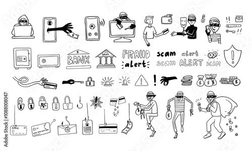 Large set of bank thieves, phone fraudster and computer scammers in doodle style. Bank card, credit card, safe deposit, cheater, alarm system, fishing, scam, alert, finance, bag money. Hand drawn