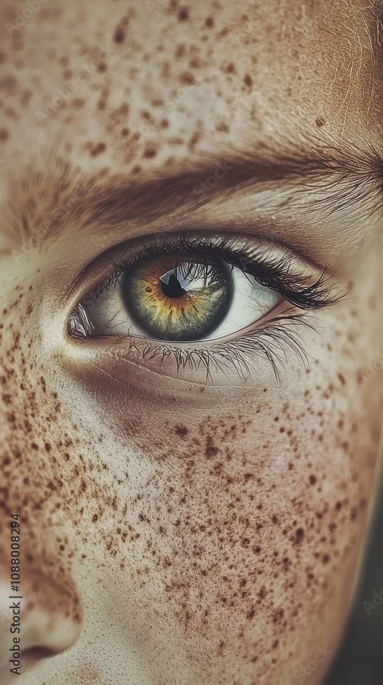 Close-up of a child's eye showcasing vibrant iris colors and distinct freckles, highlighting natural beauty and innocence in a serene and captivating portrait. Close-up of a child's eye showcasing vibrant iris colors and distinct freckles, highlighting natural beauty and innocence in a serene and captivating portrait.