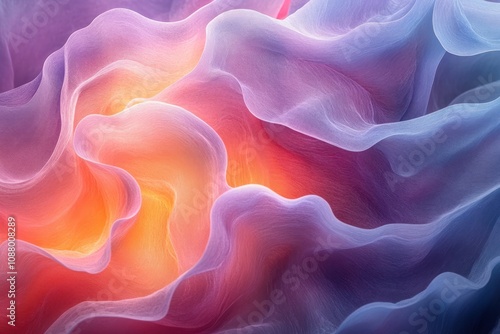 Abstract background with flowing, wavy, and rippling patterns in soft pink, orange, and blue hues.