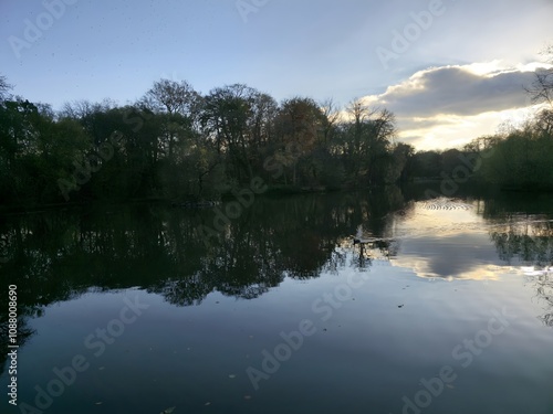 A body of water surrounded by trees under a cloudy sky