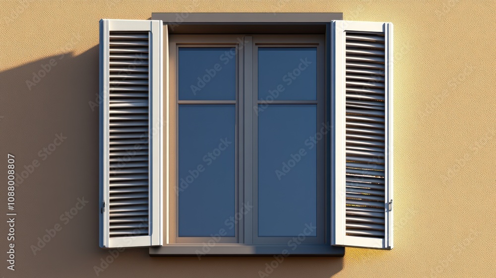 Fototapeta premium A closed window with open shutters against a textured wall.