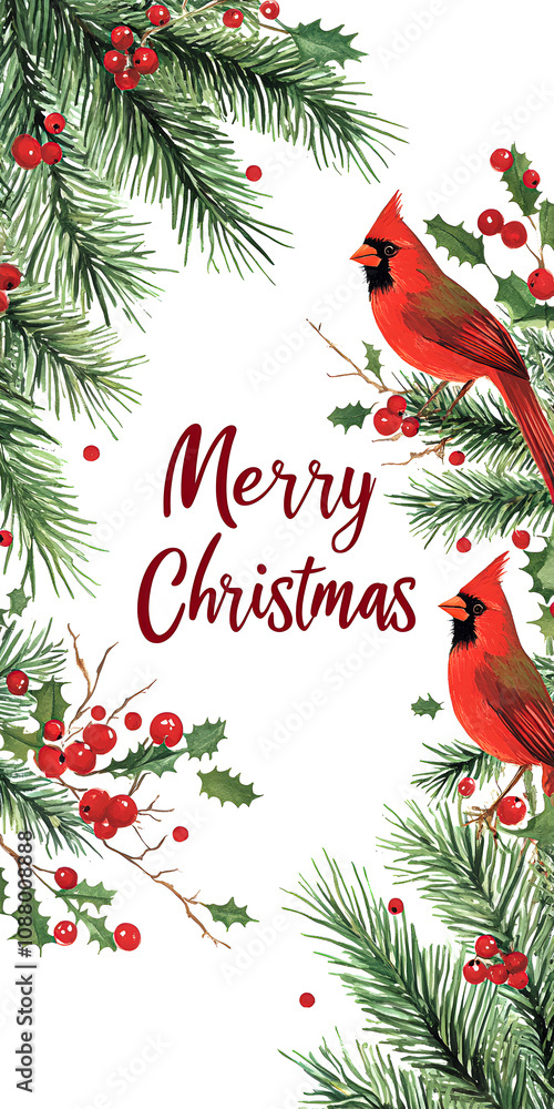 Merry Christmas card with Merry Christmas greeting card with pine tree branches, red cardinals and berries on white background. Red Cardinal greeting card concept. Merry Christmas card with Merry Christmas greeting card with pine tree branches, red cardinals and berries on white background. Red Cardinal greeting card concept.