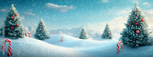 Snow-covered hills with Christmas trees and candy cane ornaments. The road to Christmas Town. The concept of Christmas.