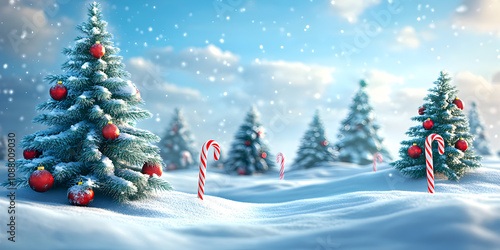 Snow-covered hills with Christmas trees and candy cane ornaments. The road to Christmas Town. The concept of Christmas.