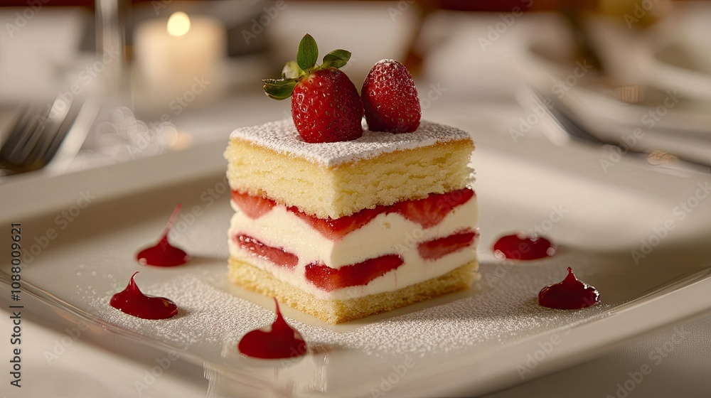 Delicious Layers of Strawberry Cake With Cream and Fresh Berries Artfully Plated on Elegant Table Setting for Gourmet Dessert Photography Delicious Layers of Strawberry Cake With Cream and Fresh Berries Artfully Plated on Elegant Table Setting for Gourmet Dessert Photography