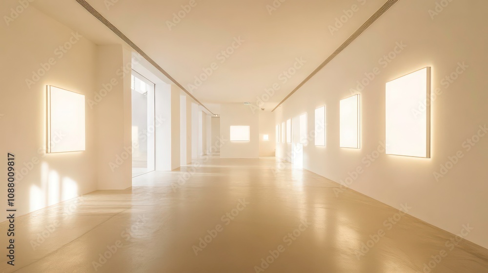 Empty gallery hallway with white walls and glowing light boxes. Empty gallery hallway with white walls and glowing light boxes.