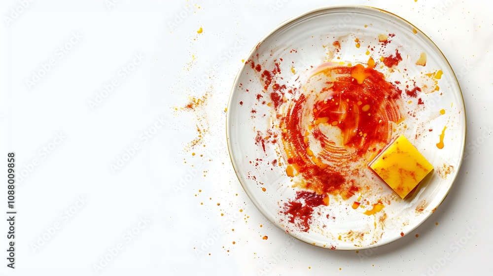 A plate with remnants of a colorful dessert, showcasing vibrant sauces and a small piece of cake. A plate with remnants of a colorful dessert, showcasing vibrant sauces and a small piece of cake.