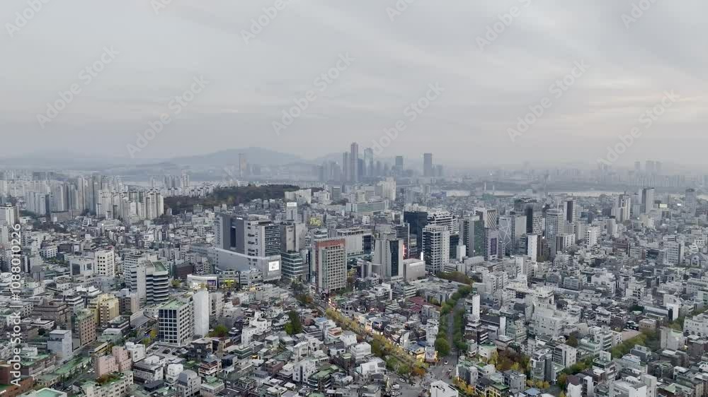 Drone View of Seoul city in South Korea, Hongik University Station, Autumn Drone View of Seoul city in South Korea, Hongik University Station, Autumn
