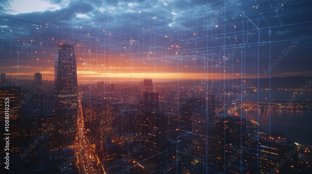 Fototapeta premium The skyline of a modern city glows as buildings are linked by an advanced AI network during a vibrant sunset. Generative AI