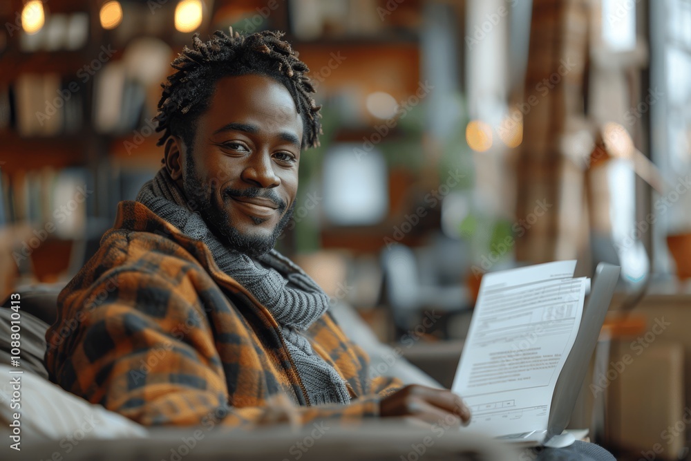 Smiling man on couch with laptop and papers working from home on finance Smiling man on couch with laptop and papers working from home on finance