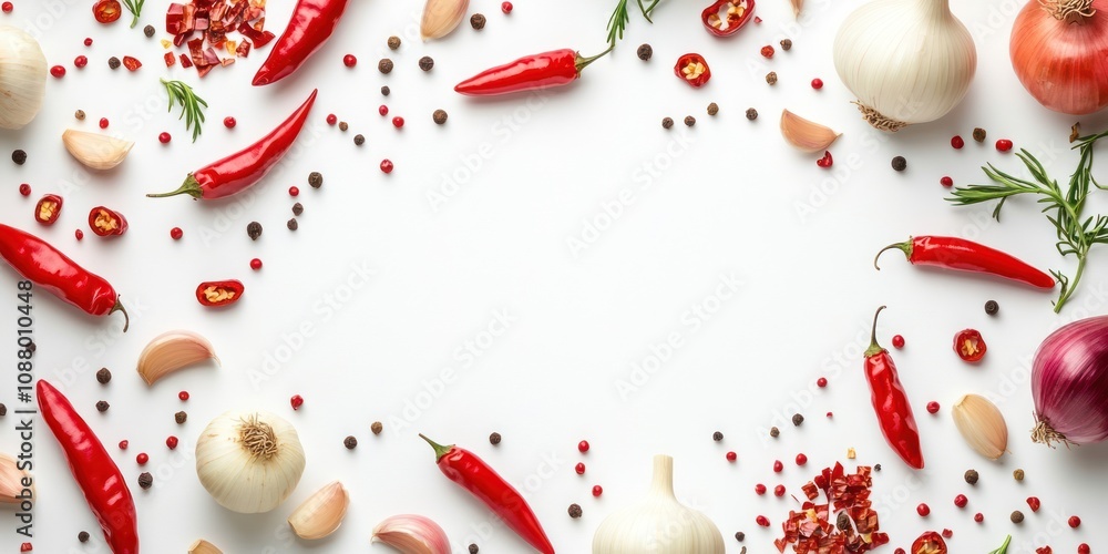 White background with red chili peppers, garlic, onion, peppercorns, and rosemary. White background with red chili peppers, garlic, onion, peppercorns, and rosemary.