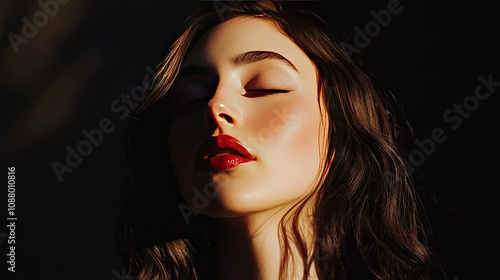 Captivating Portrait of a Young Woman with Radiant Skin and Bold Red Lips, Highlighting Natural Beauty Against a Dark Background